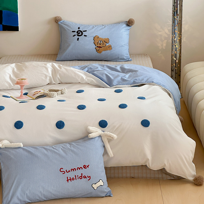 40支全棉水洗棉蝴蝶结卡通毛巾绣四件套球球款被套可爱纯棉三件套