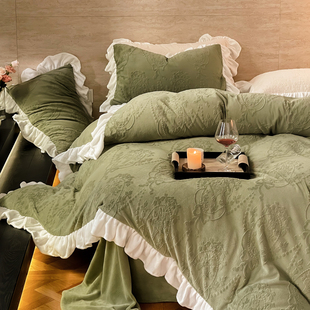 法式复古雕花牛奶绒四件套花边公主风秋冬加厚保暖珊瑚绒被套床单