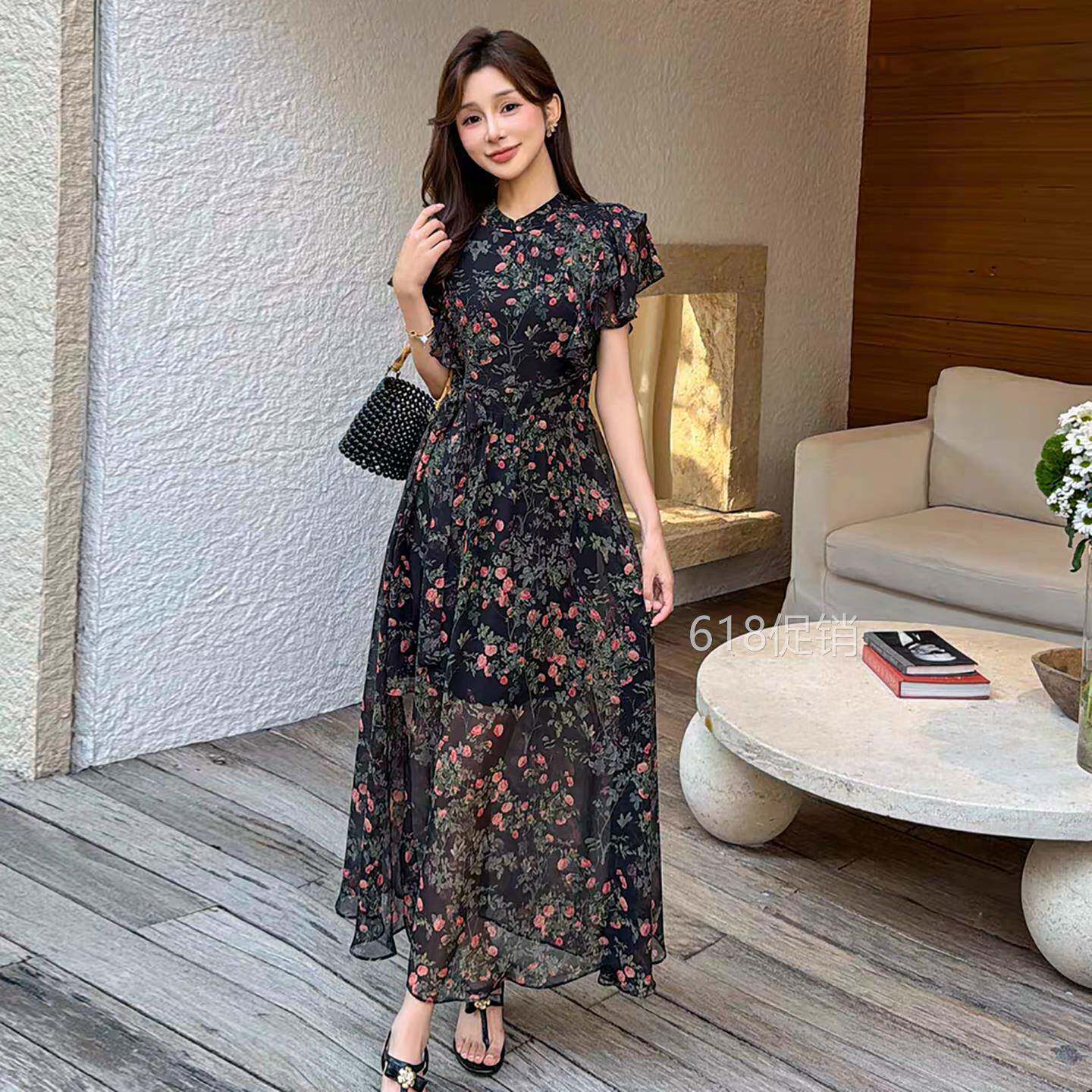 新中式旗袍连衣裙女夏季2026新款收腰修身女人味两穿碎花雪纺裙子