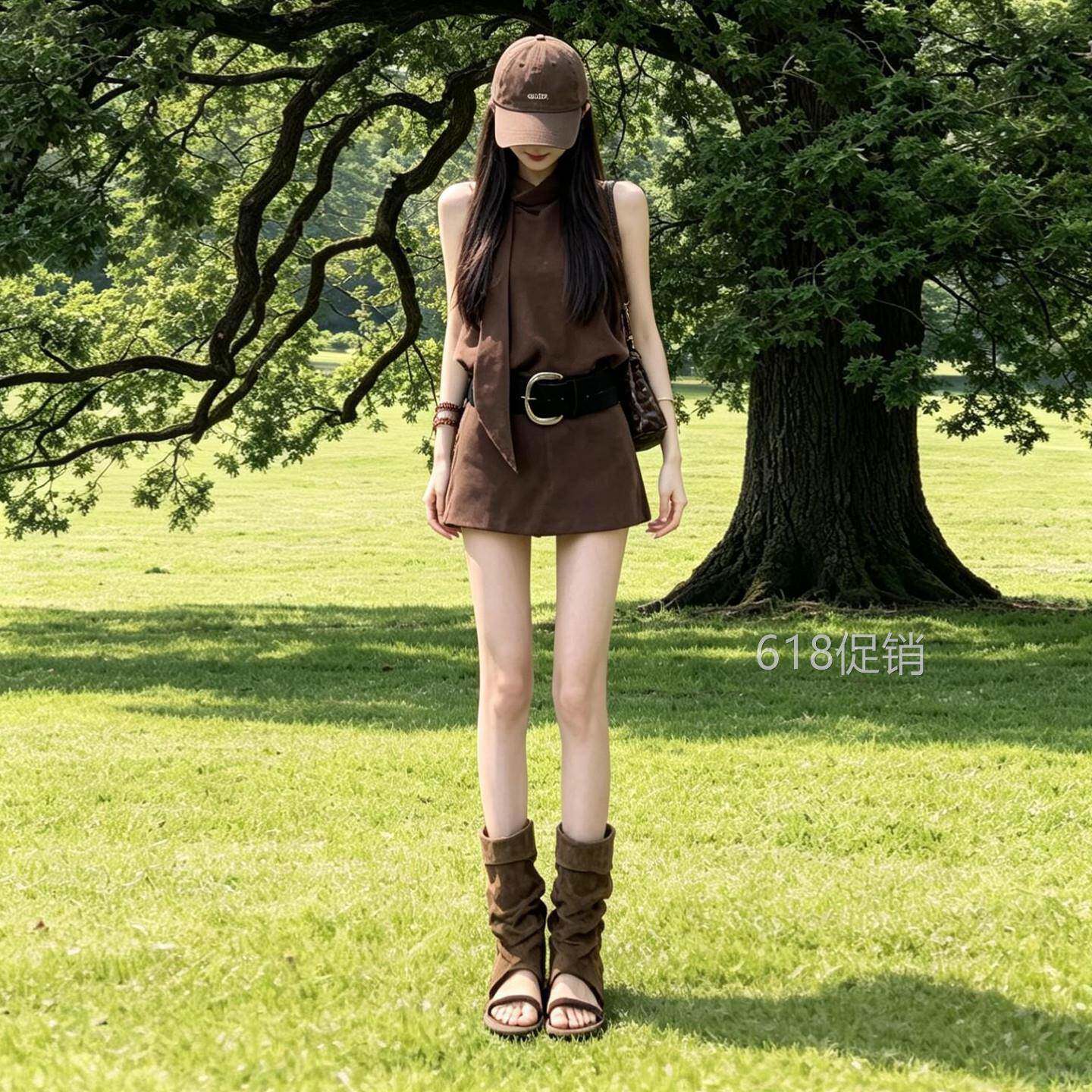 美拉德复古咖色背心连衣裙女夏季2026新款小个子收腰a字短裙套装