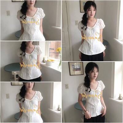 sanwild韩系新款甜美修身系带设计百搭显瘦泡泡袖t衬衫短袖上衣女