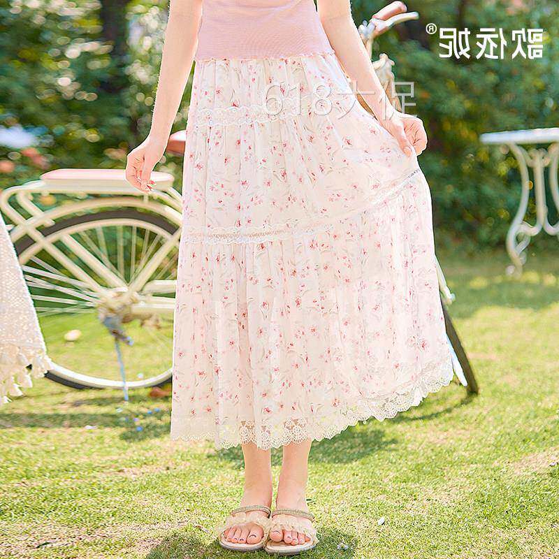 夏季新款女甜美温柔a字裙碎花百褶裙蕾丝雪纺裙子半身长裙半身裙