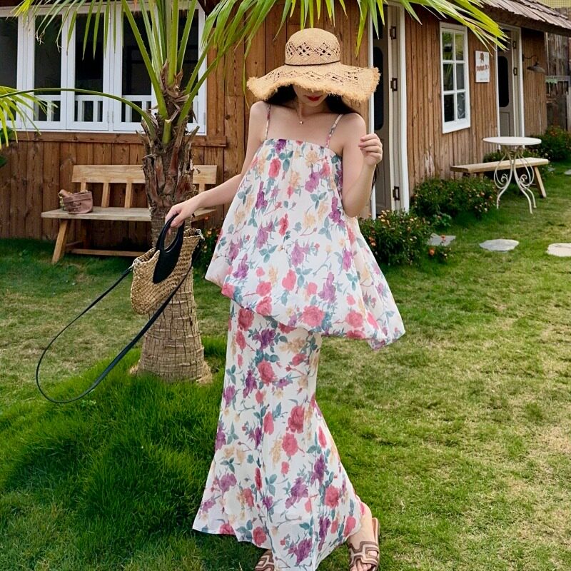 复古碎花抹胸套装度假风女夏温柔鱼尾半裙两件套