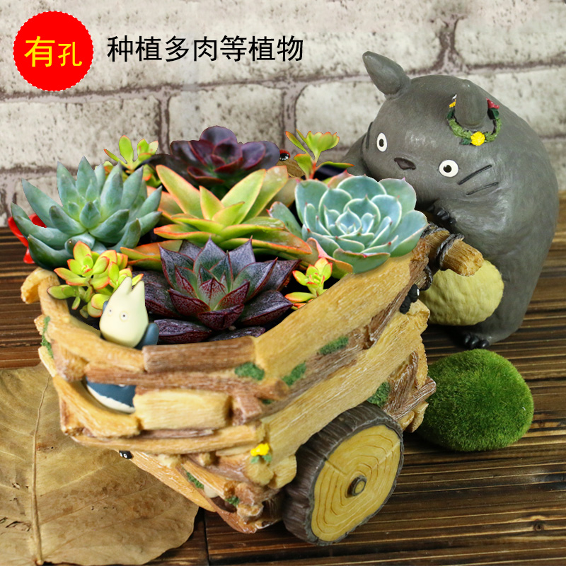 宫崎骏系列龙猫使劲推车龙猫手推车附小风车多肉植物树脂创意花盆