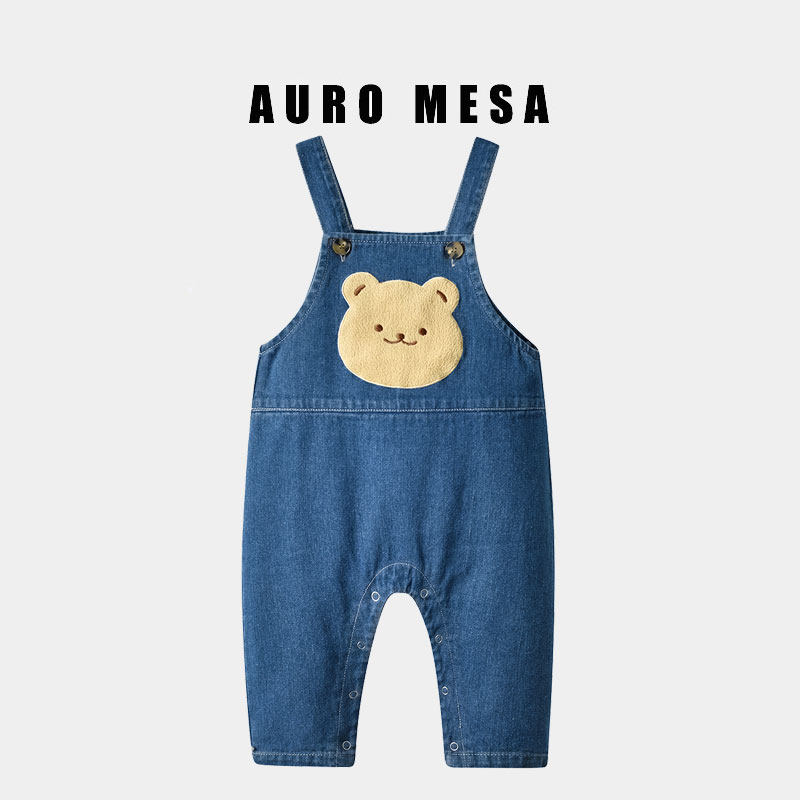 AuroMesa婴儿蓝色牛仔背带裤可爱小熊男女宝宝加绒ns风连体裤