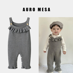 棉线爬服 子无袖 爱诺蒙莎婴儿针织背带裤 女宝宝灰色花边连体裤