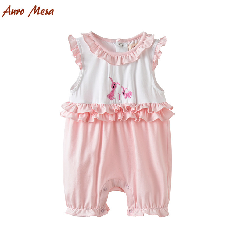 AuroMesa婴儿连体衣夏季薄款女宝宝公主哈衣超萌粉色刺绣可爱爬服