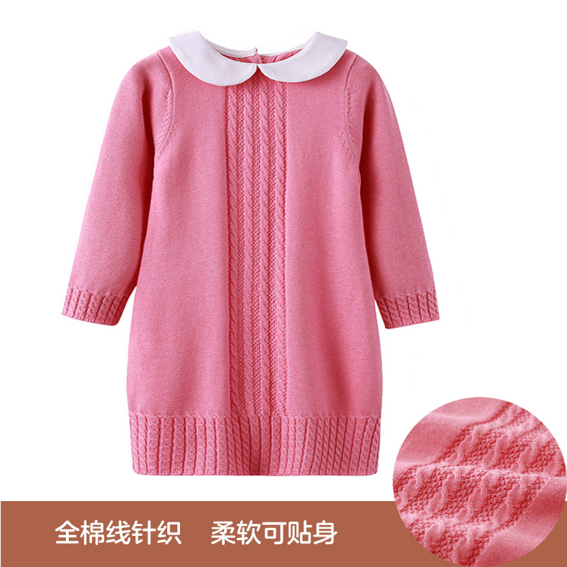 女童翻领长袖针织连衣裙中长款套头毛衣春秋全棉t恤式裙子