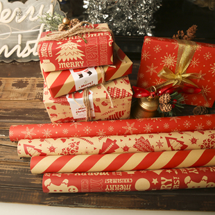 B复古红色系圣诞节包装 纸加厚礼物牛皮纸彩纸DIY手工纸