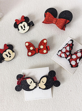闪闪红色米妮蝴蝶结发夹kiss米奇对夹游乐园拍照打卡头饰儿童可爱