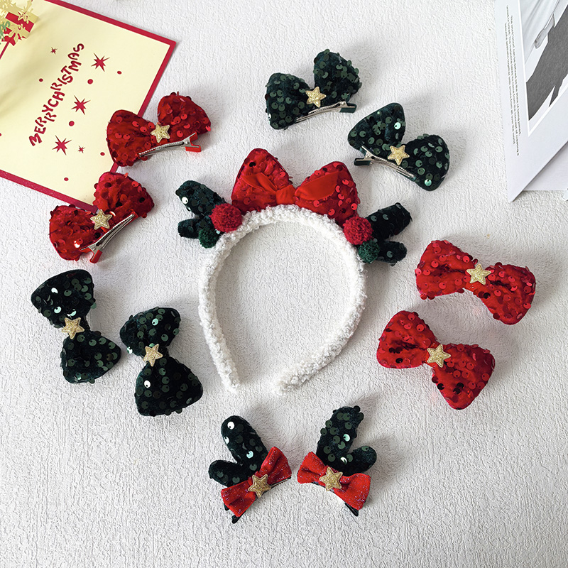 新款圣诞节头饰红色亮片蝴蝶结发夹可爱草莓发圈对夹鹿角发箍儿童