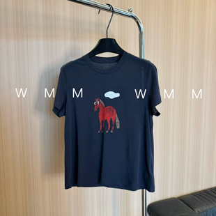 常规T恤运动设计师圆领简约舒适上衣女 WMM小红马印花拼色短袖