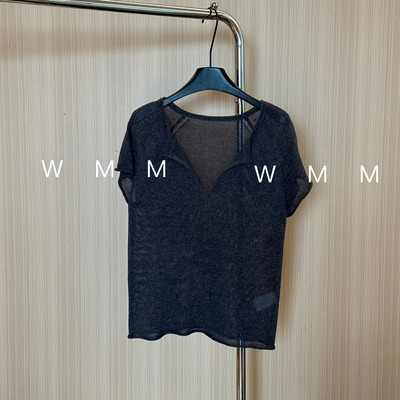 WMM深灰色开领v领短袖针织衫女士夏季纯色百搭舒适宽松透气上衣