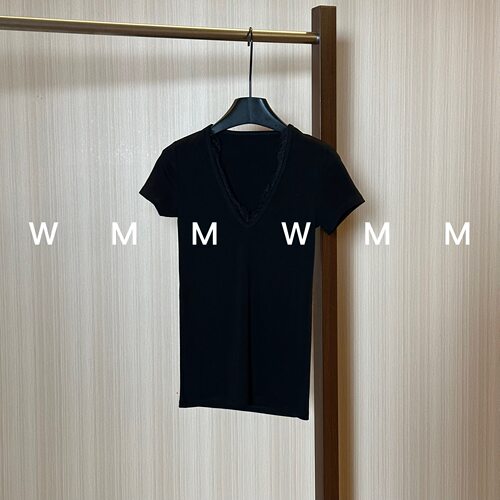 WMM黑色蕾丝V领短袖T恤女新款休闲百搭韩版时尚气质舒适显瘦上衣