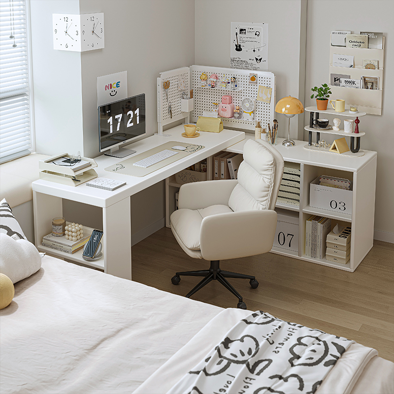 转角书桌家用学习桌小户型女生卧室梳妆台斗柜一体实木l型电脑桌