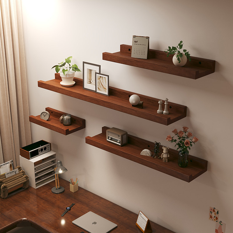 实木墙上置物架免打孔家用墙面一字板收纳层架子置物架背景墙装饰