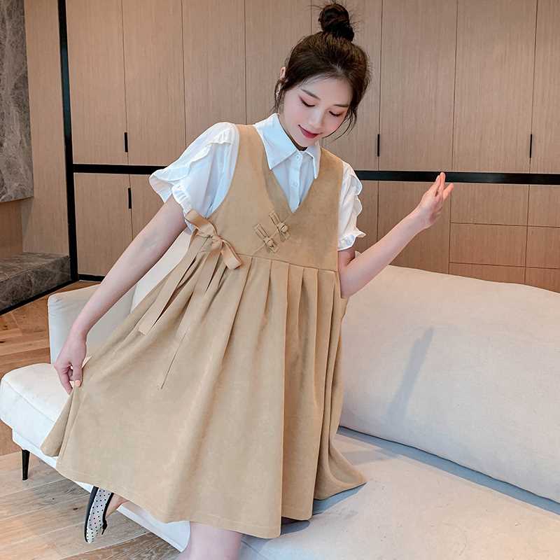 孕妇装夏装两件套短袖翻领衬衫+背心裙2022新款韩版孕妇连衣裙夏
