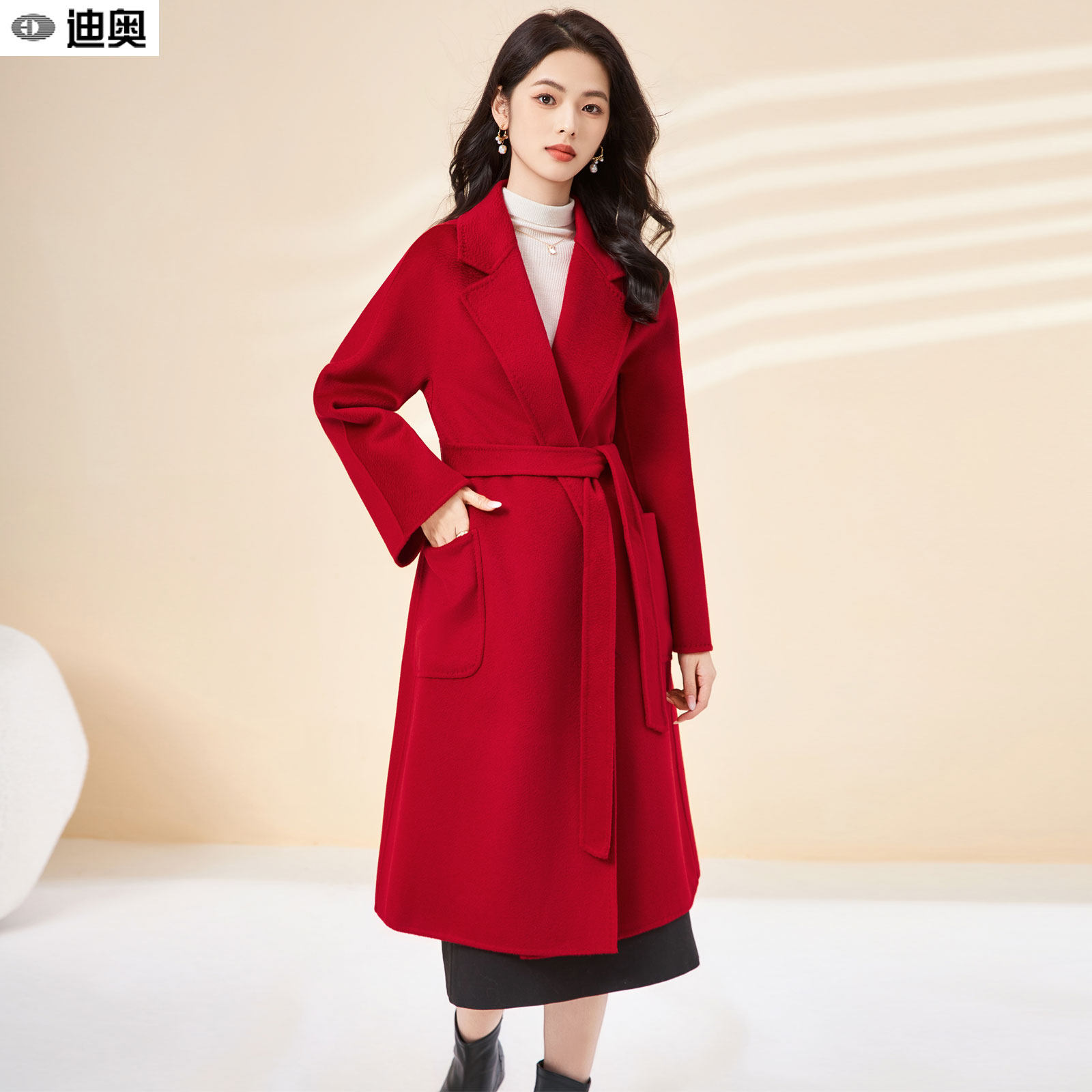 双面呢羊毛大衣女25秋冬新款高级感时尚气质系带显瘦玫红毛呢外套