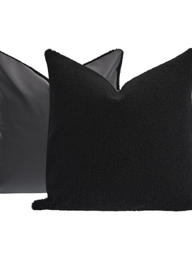 黑色羊羔绒搭配皮革拼接现代简约样板间客厅沙发方枕抱枕腰枕套