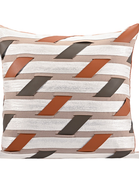 『几何』高级橙色抱枕皮革编织条纹方枕客厅沙发现代样板间田园