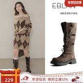 新款 EBLAN 伊伴厚底棕色长筒靴女2025秋季 美拉德绑带高筒骑士靴子