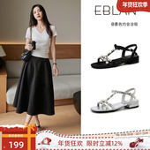 伊伴水钻蝴蝶结凉鞋 女2025夏季 新款 EBLAN 一字带平底珍珠罗马凉鞋