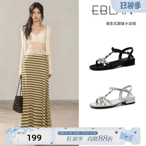 伊伴水钻蝴蝶结平底凉鞋女款夏季