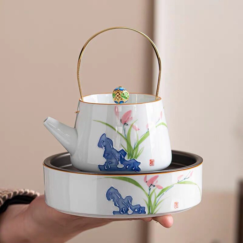 陶瓷手绘提梁壶茶喝茶茶道壶兰花茶具壶承养壶托盘底新中式干泡台