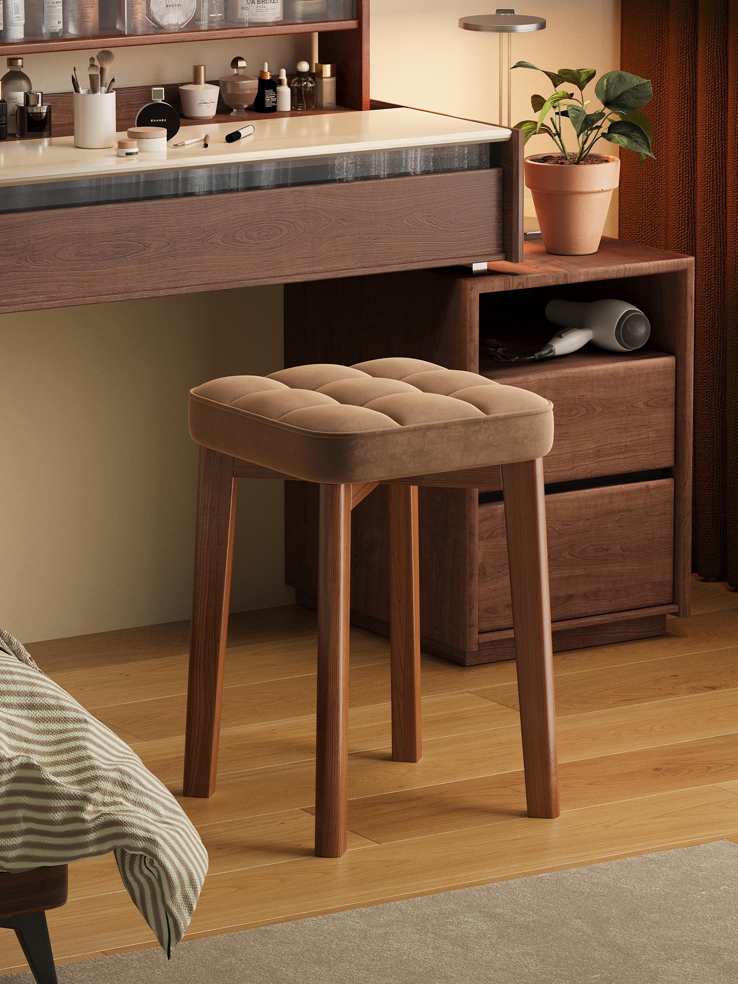 实木凳子化妆凳女生卧室家用梳妆台椅子美甲方凳软包板凳轻奢高级
