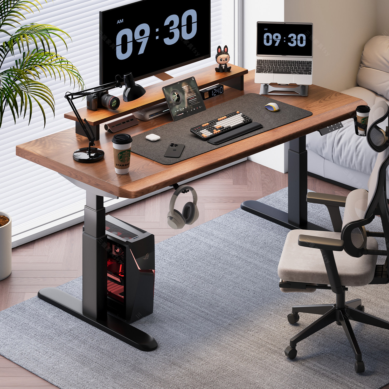 实木电动升降桌台式电脑桌学生书桌学习桌家用办公桌子双人工作台