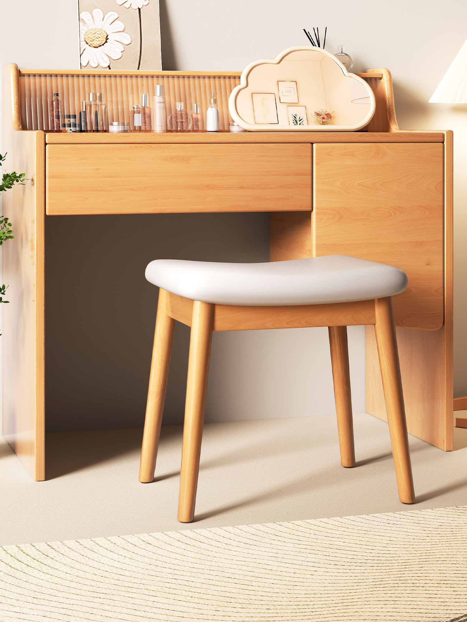 家用化妆凳子实木马鞍凳女生卧室梳妆台椅子网红化妆椅矮凳方板凳