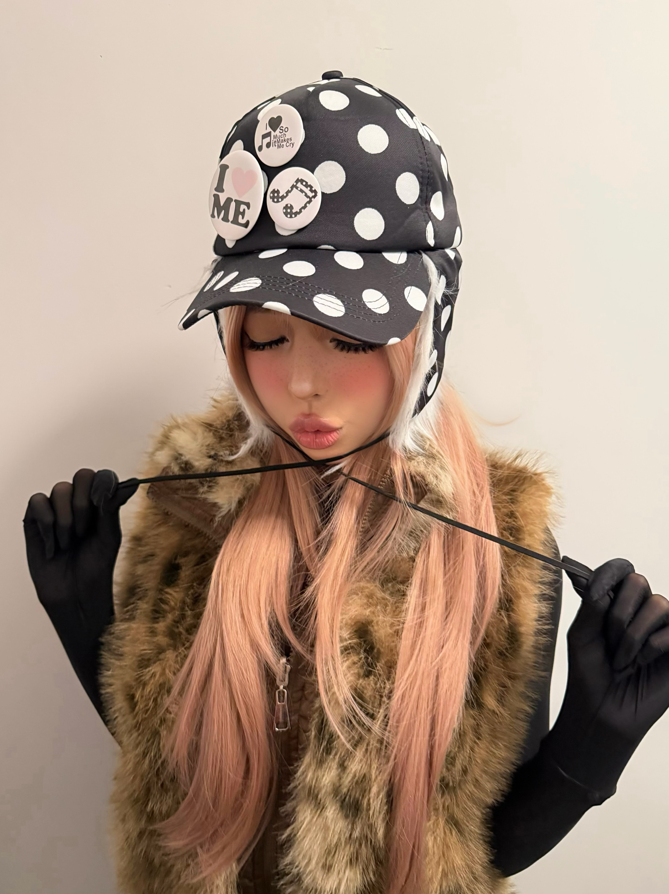 REDICE复古y2k毛绒音符黑白波点可爱女秋冬保暖护耳雷锋棒球帽子