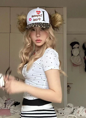 RED ICE自制辣妹y2k亚文化豹纹毛球涩谷网帽