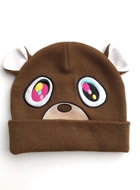 RED ICEA14S国潮牌侃爷熊针织刺绣毛线帽耳朵棕色辍学熊冷帽