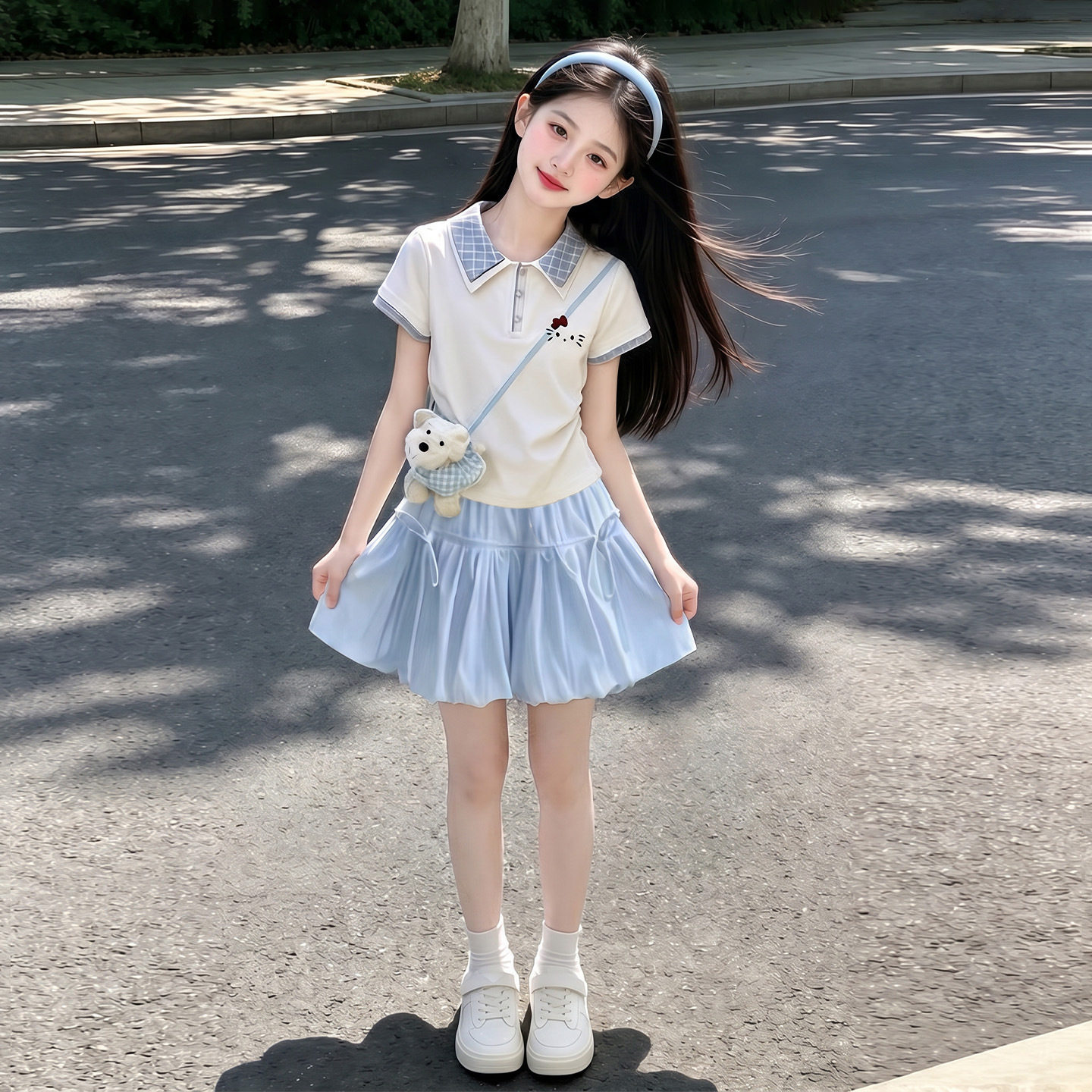 童装女童夏季新款套装6-12岁儿童韩版洋气POLO衫短袖花苞裙两件套