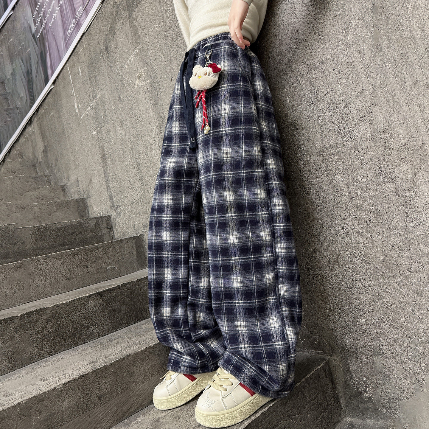 童装女童加绒休闲裤2025秋冬新款裤子儿童洋气格子裤加厚阔腿裤