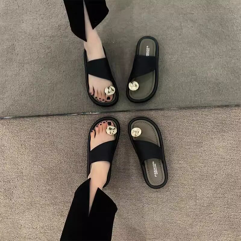 黑色法式厚底夹趾凉拖女夏外穿