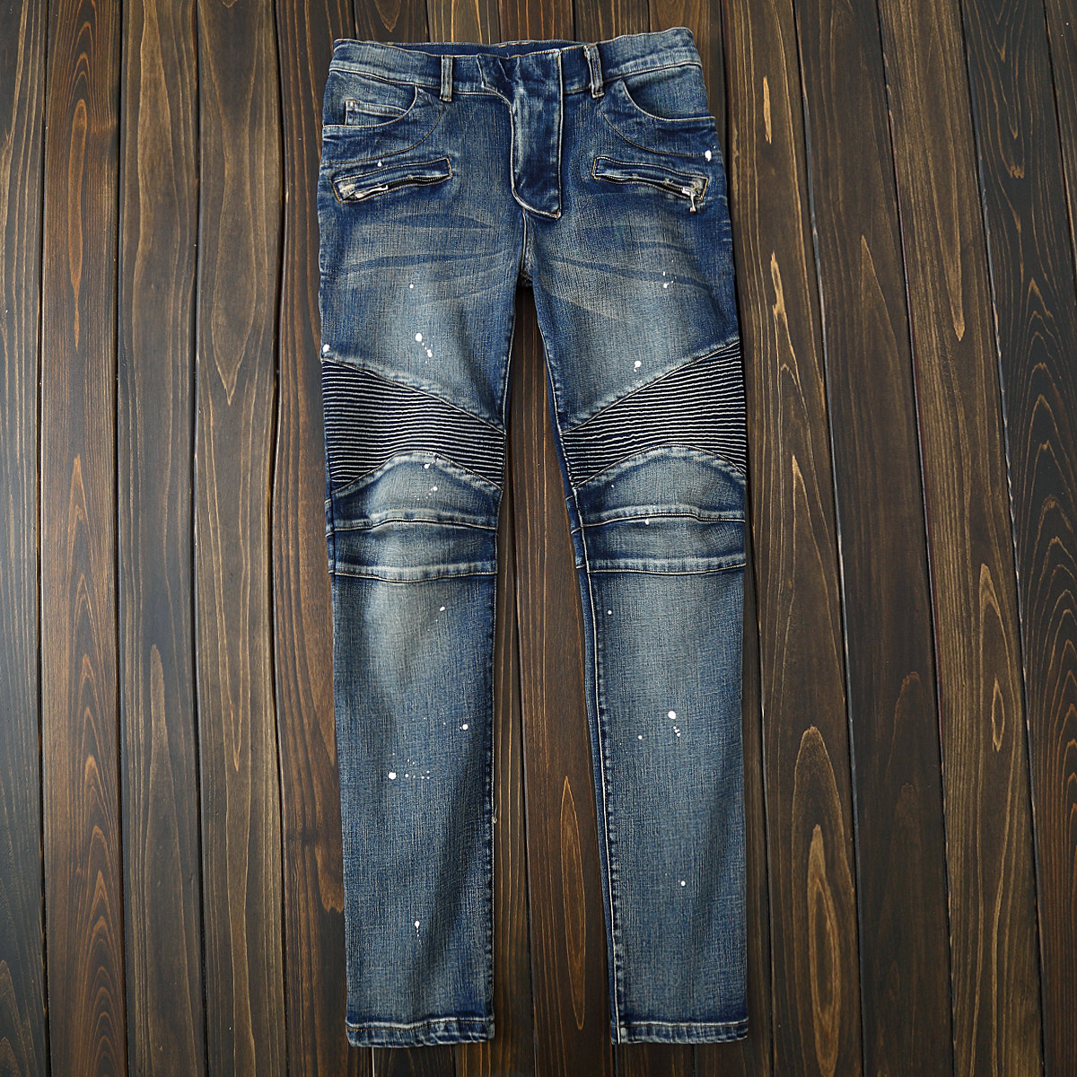 韩版百搭潮修身小腿膝盖褶皱怀旧复古弹力机车朋克牛仔裤男涂层裤