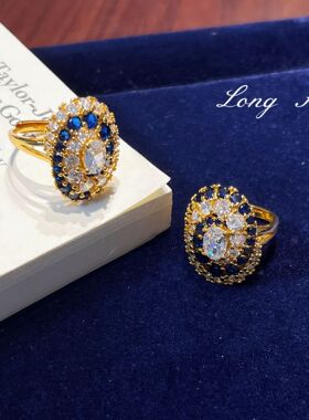 中古风蓝焰鸽蛋戒古董款复古宫廷风蓝白钻开口戒指轻奢指环饰品潮