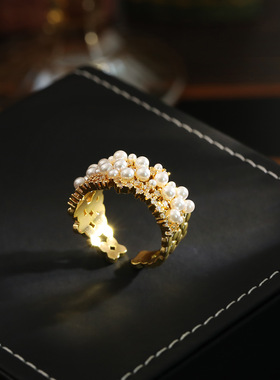 法式锆石镂空珍珠开口戒指小众高级感简约精致食指戒时尚气质手饰