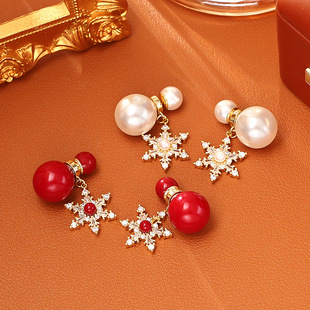 安可拉红珍珠雪花耳钉一款两戴高级感时尚新年红色耳环气质耳饰潮