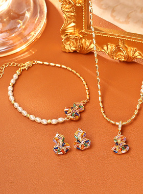 新中式彩色锆石葫芦福禄项链耳钉中国风喜庆纳福毛衣链手链耳环潮