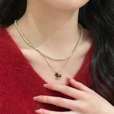 本命年木马吊坠珍珠项链女双层叠戴设计感精致时尚锁骨链小众颈链