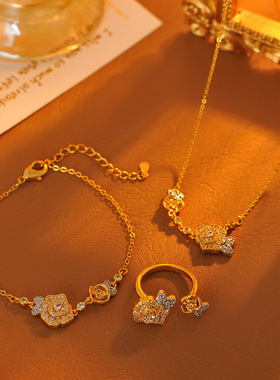 法式轻奢双生玫瑰花项链开口戒指山茶花精致复古手链气质锁骨链潮