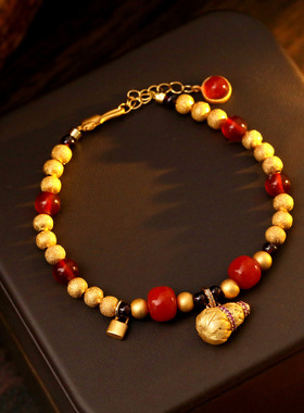 2026新年红色喜庆古法沙金串珠手链拉丝手工葫芦国风手串轻奢手饰