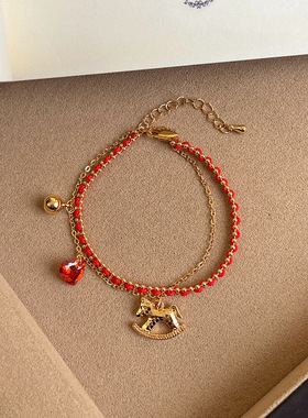 马上来财双层叠戴木马编织红绳碎冰冰小马手链女新中式马年手饰潮