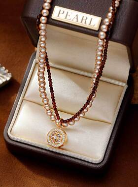 双层缠绕美拉德珍珠芒星项链女轻奢设计小众叠戴锁骨链气质百搭款