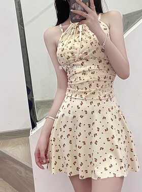 世可儿原创少女蛋黄色挂脖遮肚显瘦高腰裙式平角连体泡温泉游泳衣