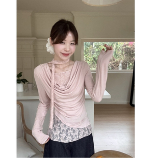 法式蕾丝飘带荡领长袖T恤女秋季韩系显瘦打底衫纯欲别致裙摆上衣