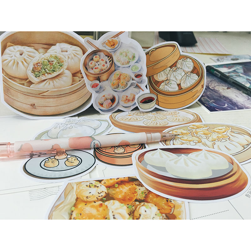 中国美食物手绘包子馒头图案贴纸小笼包叉烧包豆沙红糖包装饰贴画